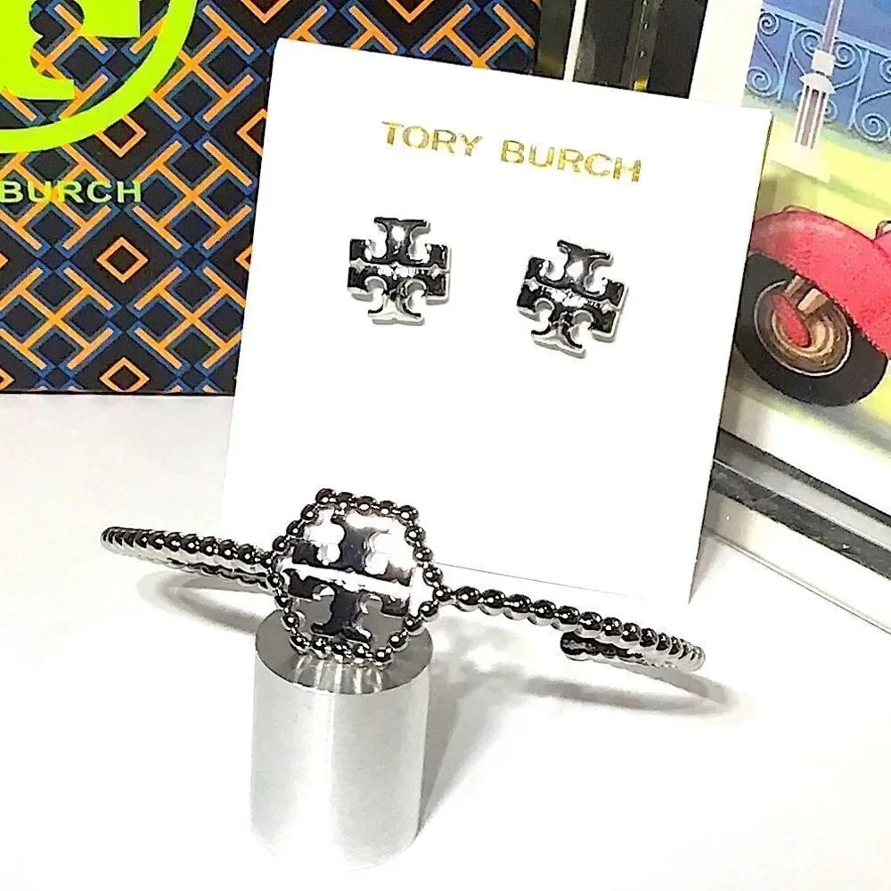 TORY BURCH SILVER SET EARRINGS AND BRACELET